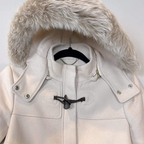 Massimo Dutti Wool Pea Coat Women's Size 4 Small Cream Fur Hood - Picture 4 of 11